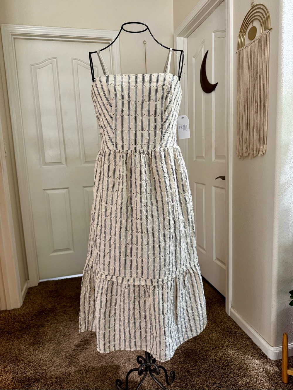 Time and Tru Cream Midi Dress with Gray Stripes